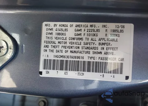 2007 Honda Accord 2.4 Se z USA, uszkodzony, nr VIN 1HGCM56307A069616